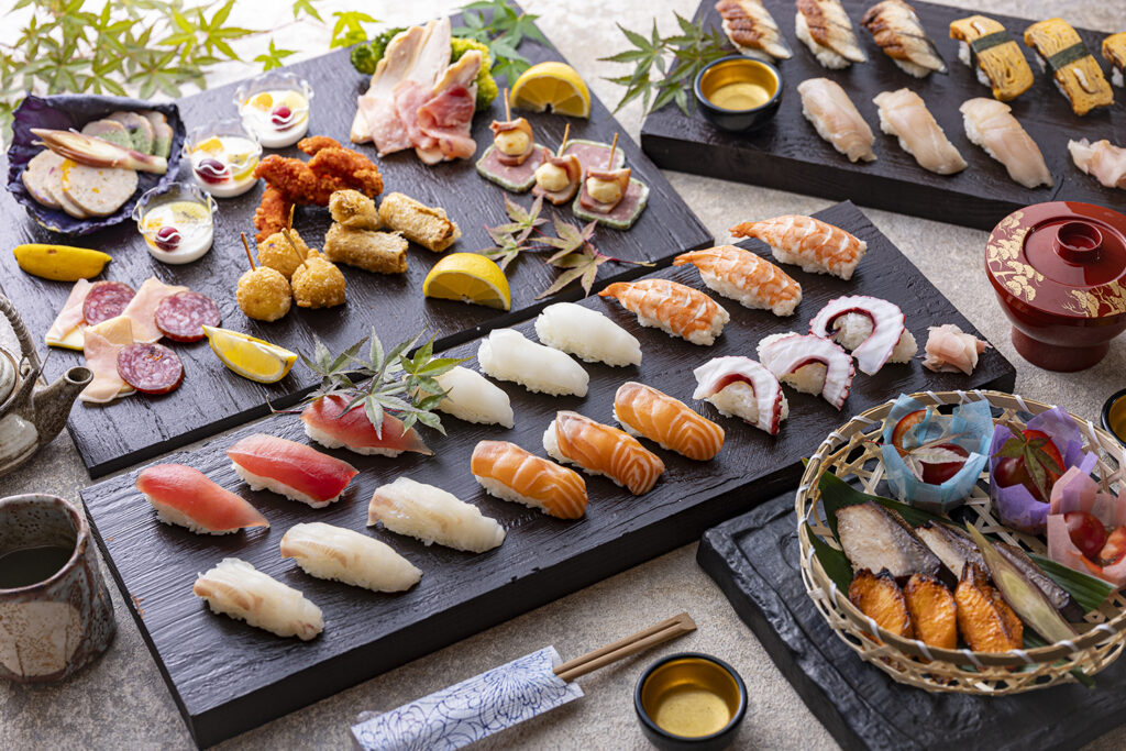 3名様分イメージ。寿司+オードブル・スイーツ。男性女性問わず好き嫌いの少ないネタを中心に構成しております。